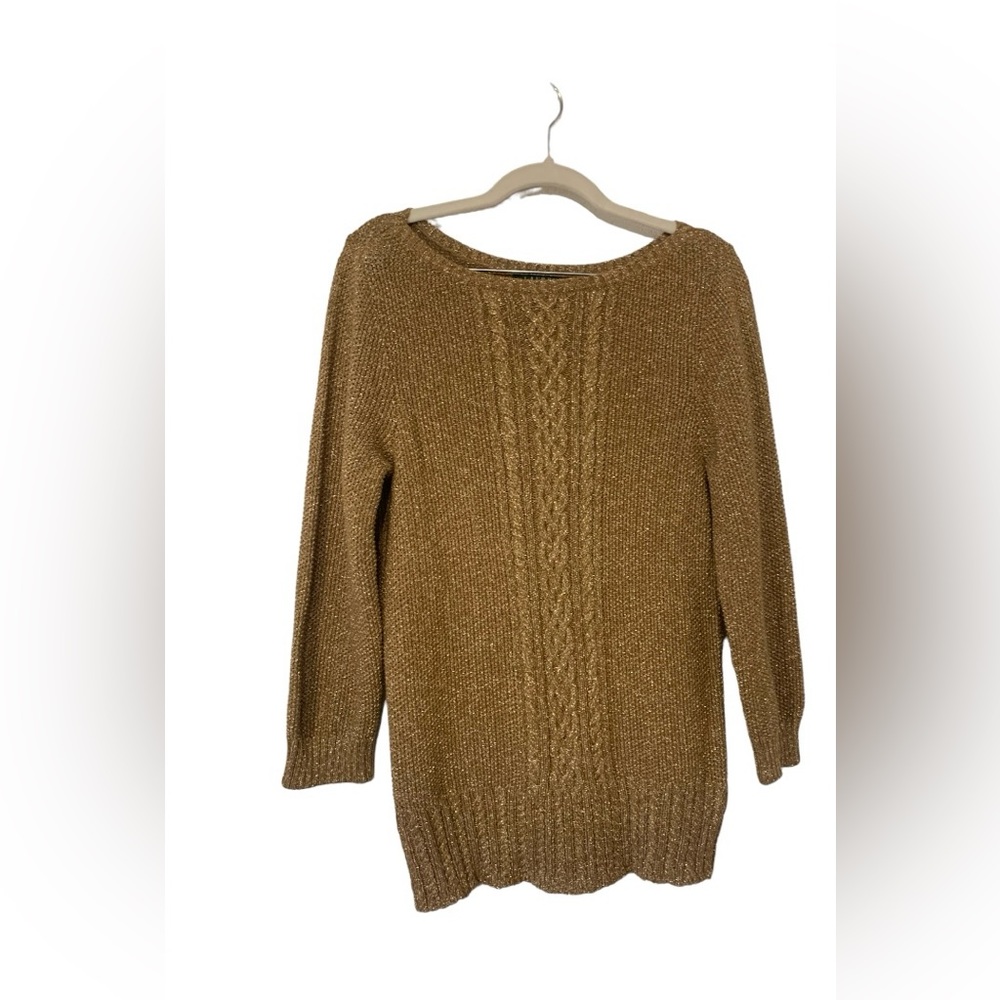 LAUREN RALPH LAUREN Cable Knit Sweater Sz L Gold Metallic 3/4 Sleeve Pullover